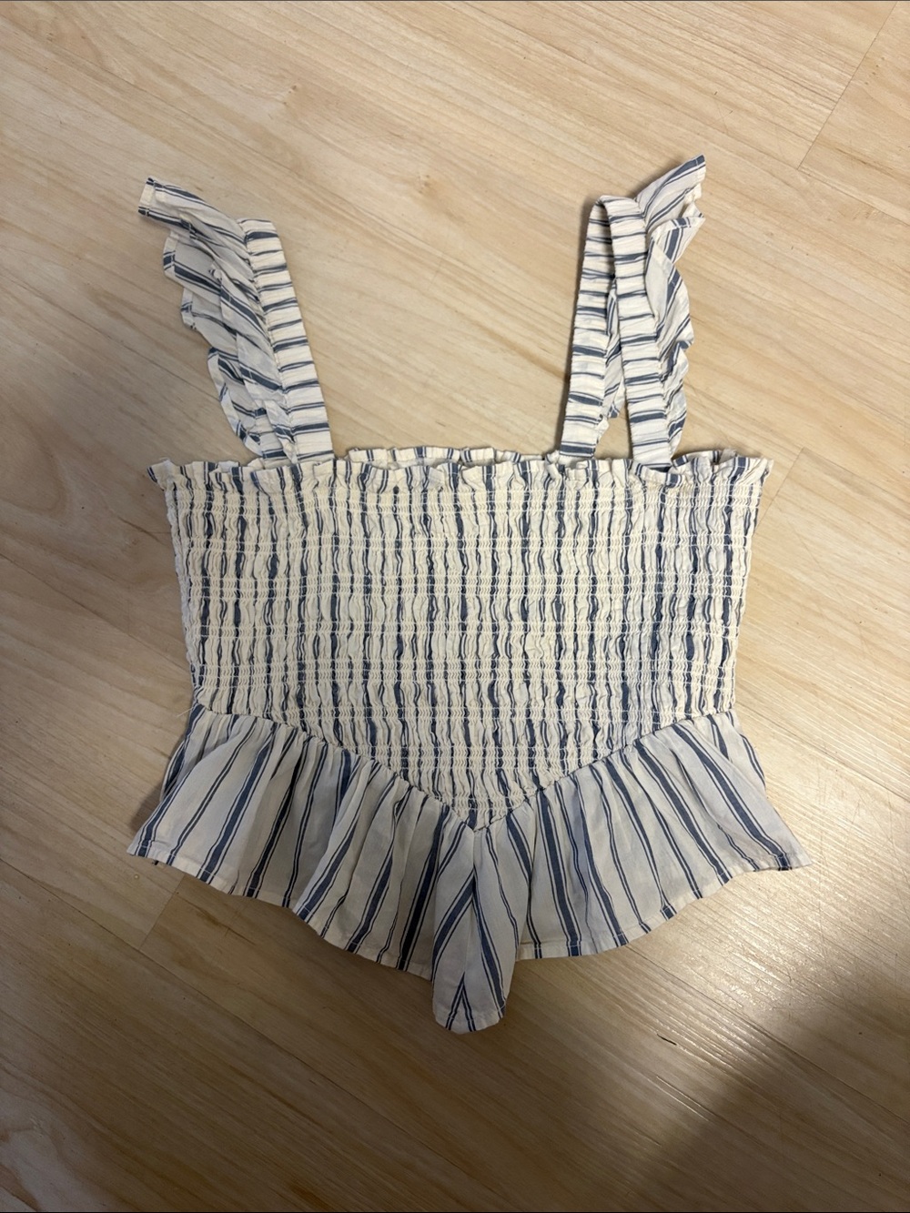 American Eagle Outfitters White and Navy Smocked Ruffle Stripe Crop Top